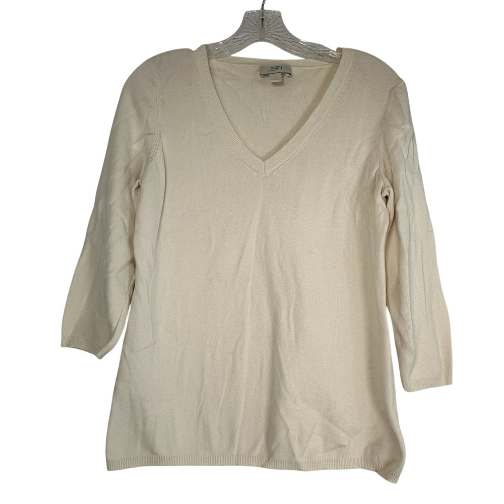 Ann Taylor Loft Womens Ivory 100% Pima Cotton V-Neck 3/4 Sleeve Sweater Large